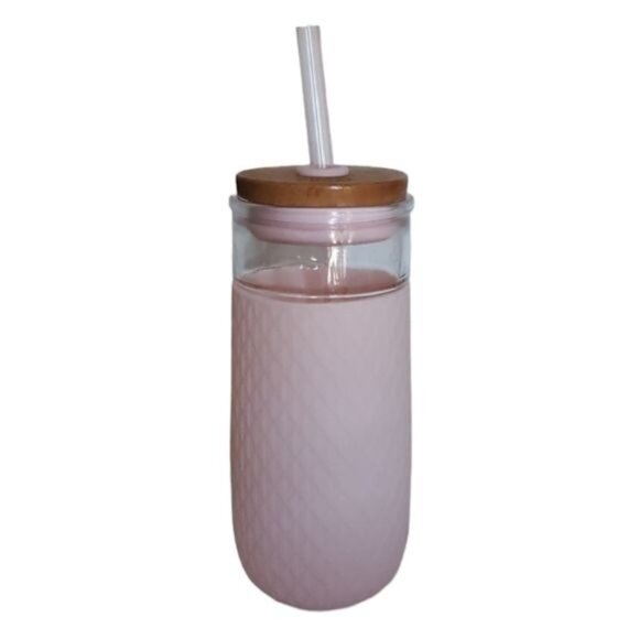 18 OZ Ello Devon Glass Container Tumbler Pink Satin Silicone Sleeve Wooden Lid - Picture 2 of 14